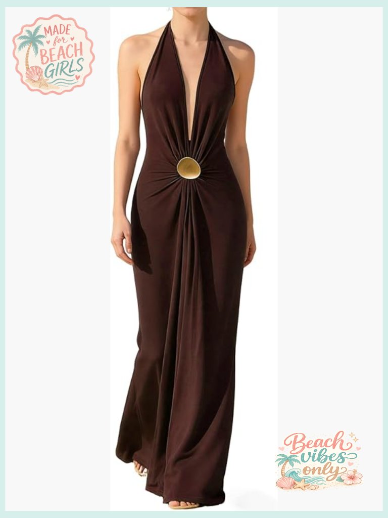 Deep V Neck Halter Maxi Dress - Backless Formal And Party Dress